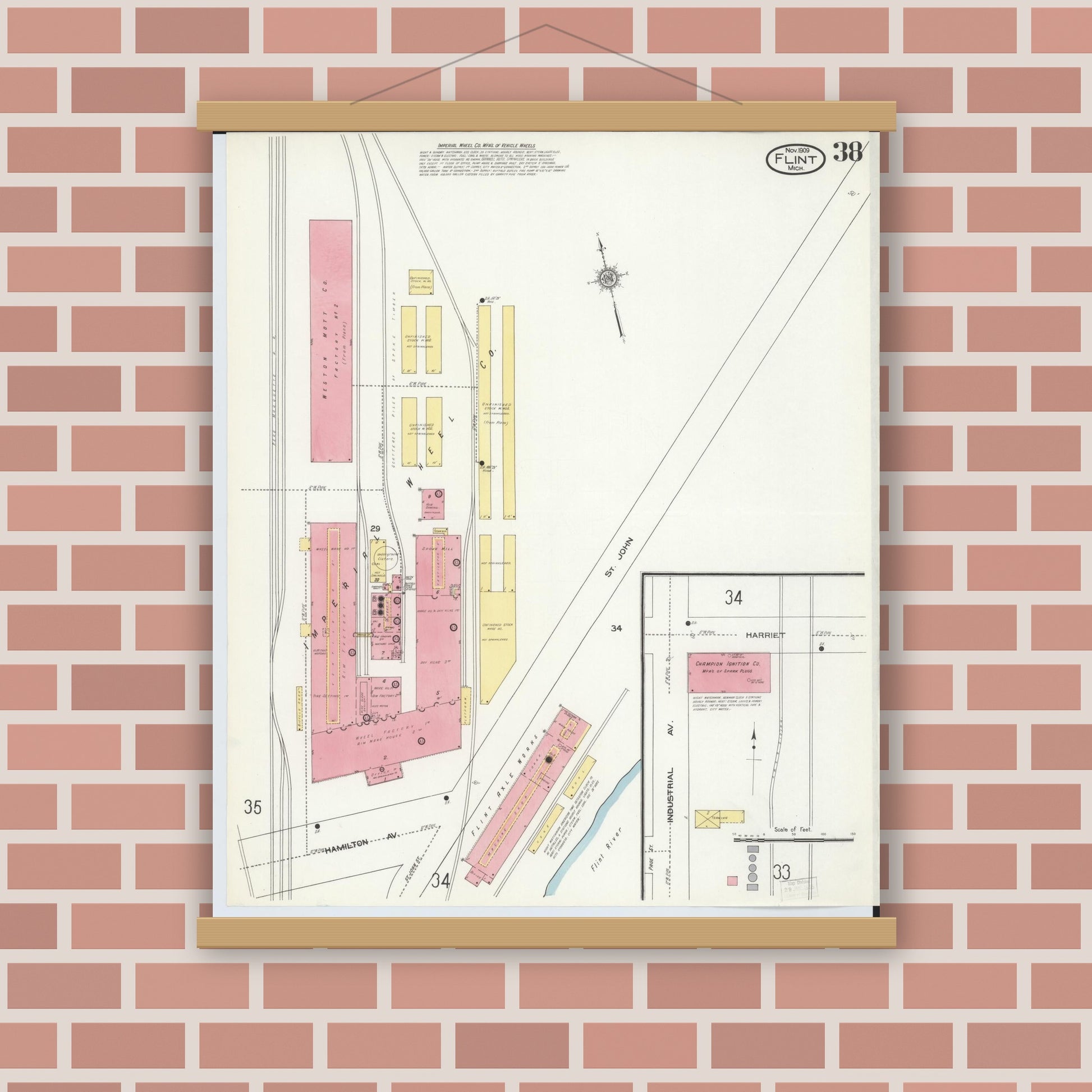 Old map wall art mockup — magnetic wood frame on brick wall — Sanborn Fire Insurance Map from Flint, Genesee County, Michigan (1909), Sheet #0038