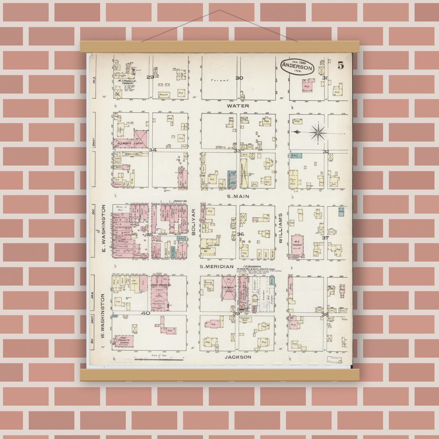 Old map wall art mockup — magnetic wood frame on brick wall — Sanborn Fire Insurance Map from Anderson, Madison County, Indiana (1886), Sheet #0005