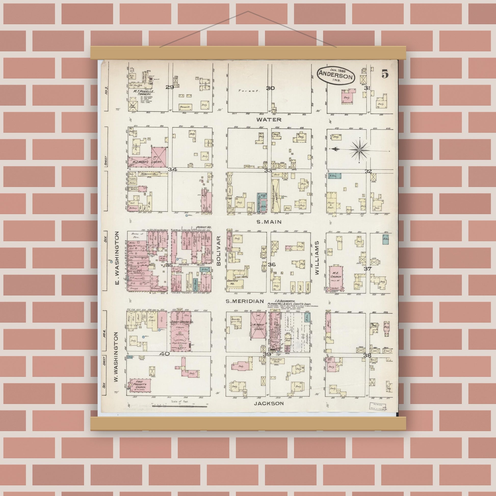 Old map wall art mockup — magnetic wood frame on brick wall — Sanborn Fire Insurance Map from Anderson, Madison County, Indiana (1886), Sheet #0005