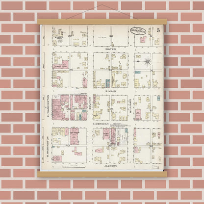 Old map wall art mockup — magnetic wood frame on brick wall — Sanborn Fire Insurance Map from Anderson, Madison County, Indiana (1886), Sheet #0005