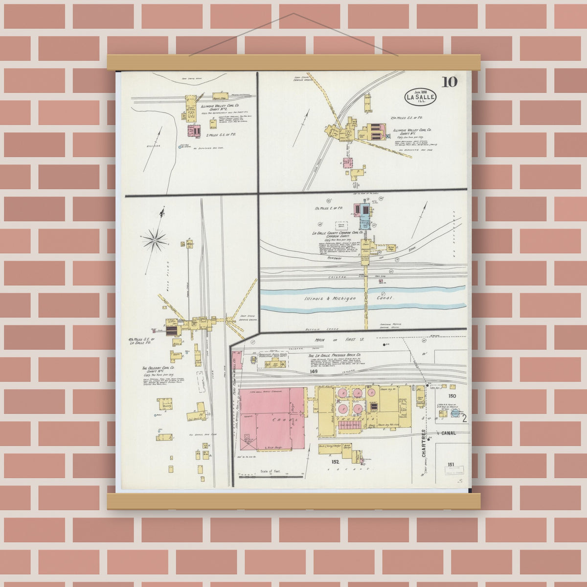Old map wall art mockup — magnetic wood frame on brick wall — Sanborn Fire Insurance Map from La Salle, La Salle County, Illinois (1898), Sheet #0010
