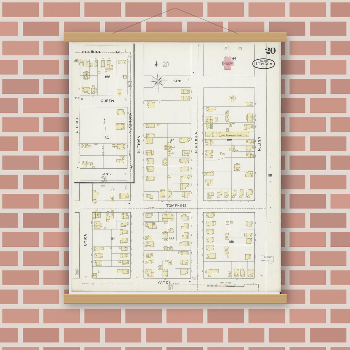 Old map wall art mockup — magnetic wood frame on brick wall — Sanborn Fire Insurance Map from Ithaca, Tompkins County, New York (1893), Sheet #0020