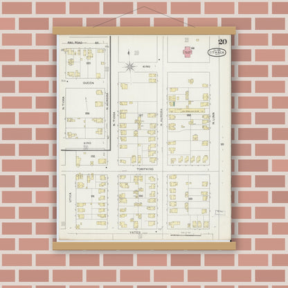 Old map wall art mockup — magnetic wood frame on brick wall — Sanborn Fire Insurance Map from Ithaca, Tompkins County, New York (1893), Sheet #0020