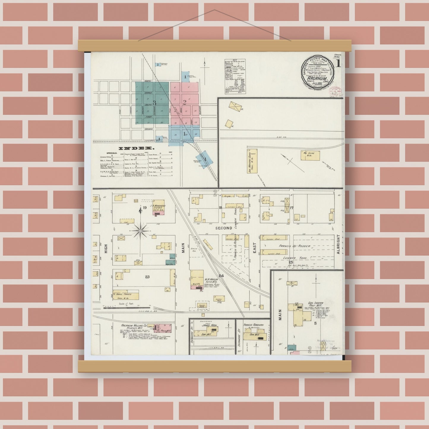 Old map wall art mockup — magnetic wood frame on brick wall — Sanborn Fire Insurance Map from Arcanum, Darke County, Ohio (1895) - Complete Map Set