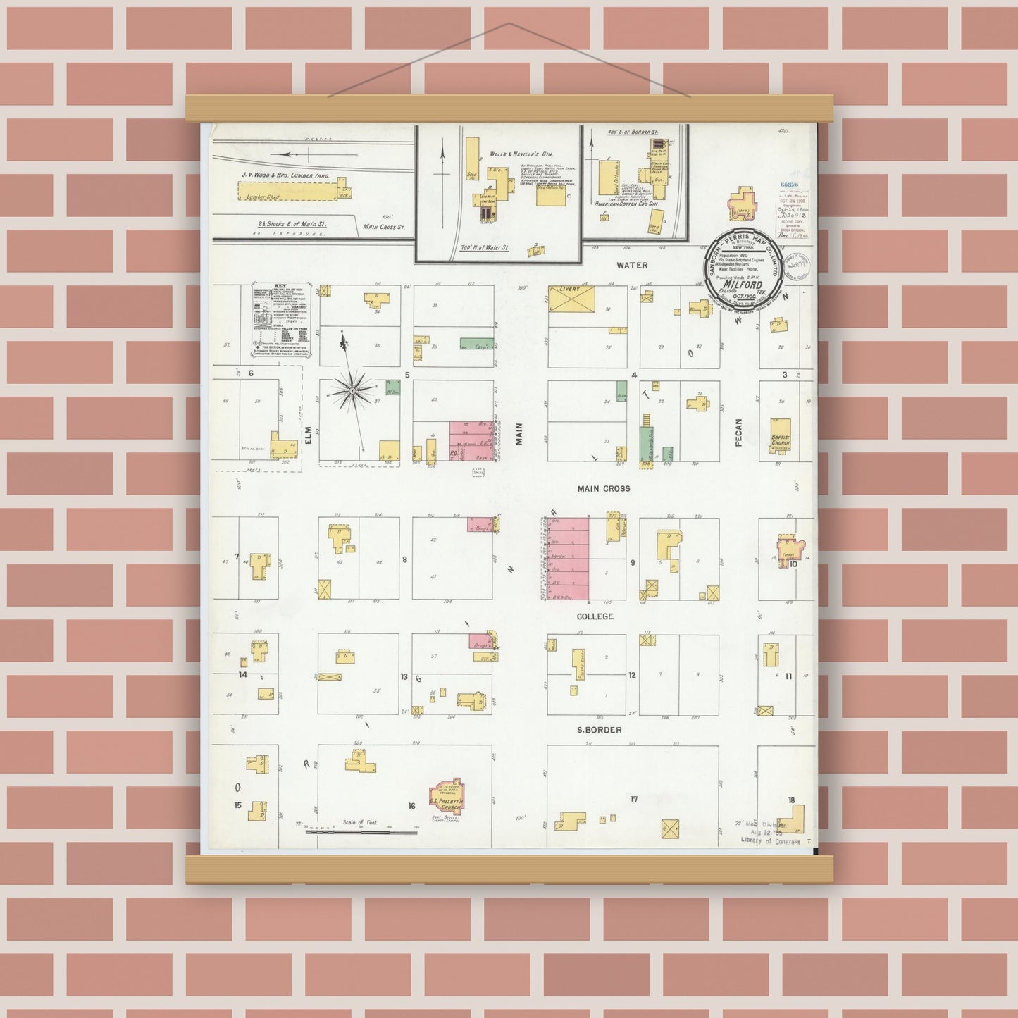 Old map wall art mockup — magnetic wood frame on brick wall — Sanborn Fire Insurance Map from Milford, Ellis County, Texas (1900), Sheet #0001