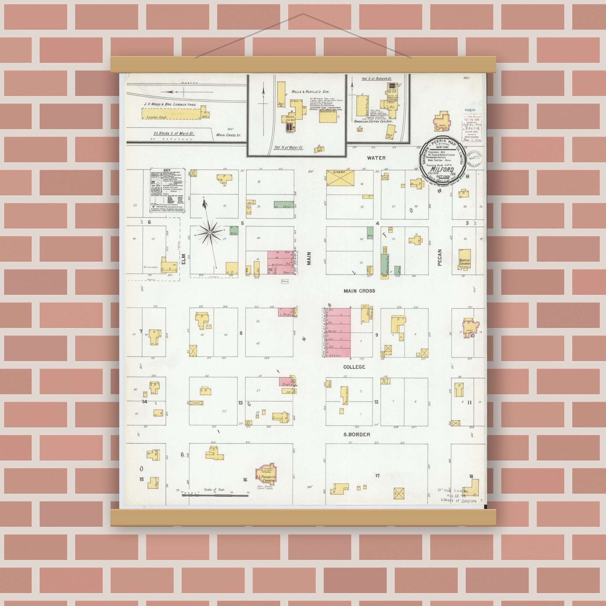 Old map wall art mockup — magnetic wood frame on brick wall — Sanborn Fire Insurance Map from Milford, Ellis County, Texas (1900), Sheet #0001