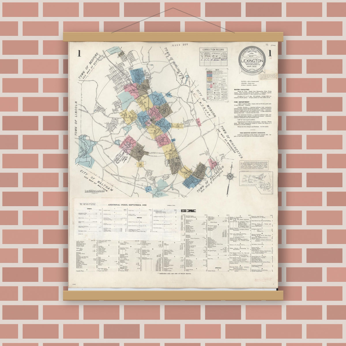 Old map wall art mockup — magnetic wood frame on brick wall — Sanborn Fire Insurance Map from Lexington, Middlesex County, Massachusetts (1950), Sheet #0001