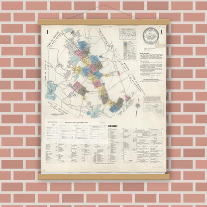 Old map wall art mockup — magnetic wood frame on brick wall — Sanborn Fire Insurance Map from Lexington, Middlesex County, Massachusetts (1950), Sheet #0001