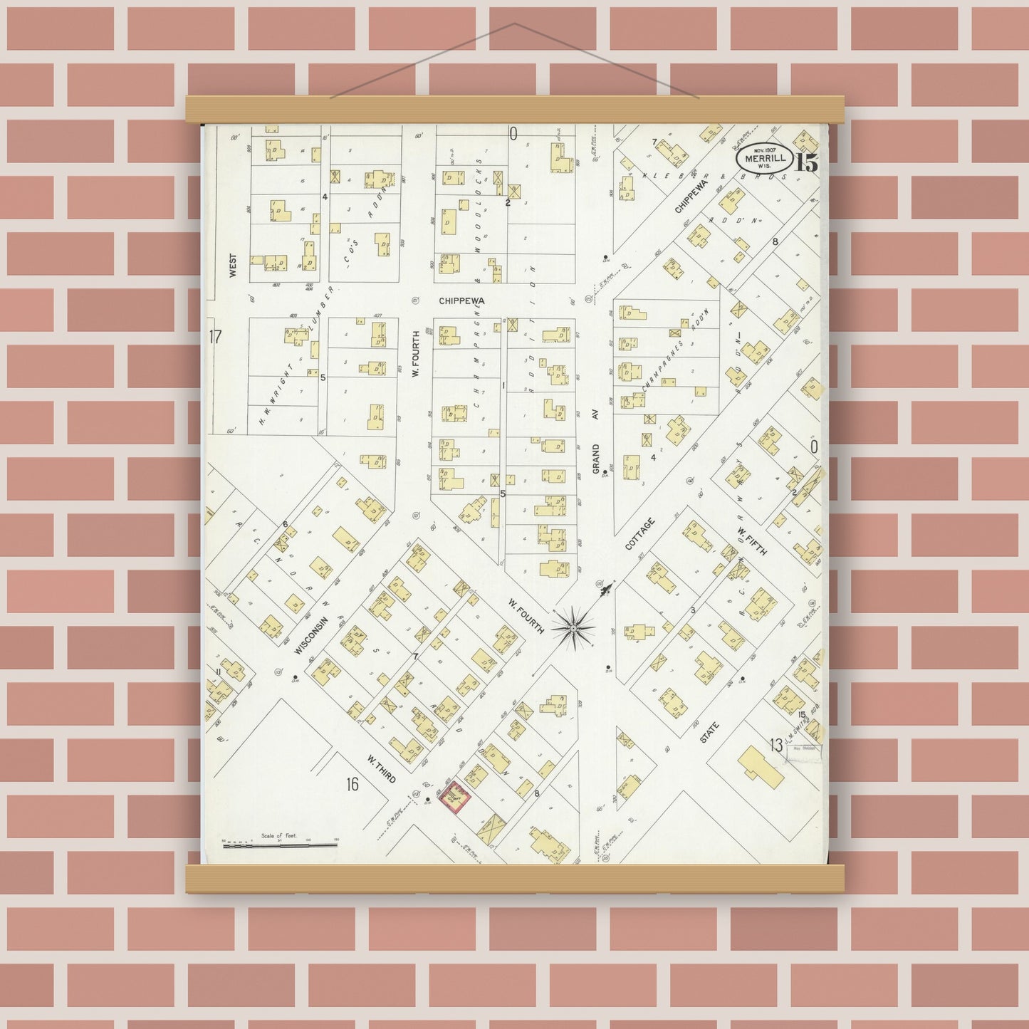 Old map wall art mockup — magnetic wood frame on brick wall — Sanborn Fire Insurance Map from Merrill, Lincoln County, Wisconsin (1907), Sheet #0015