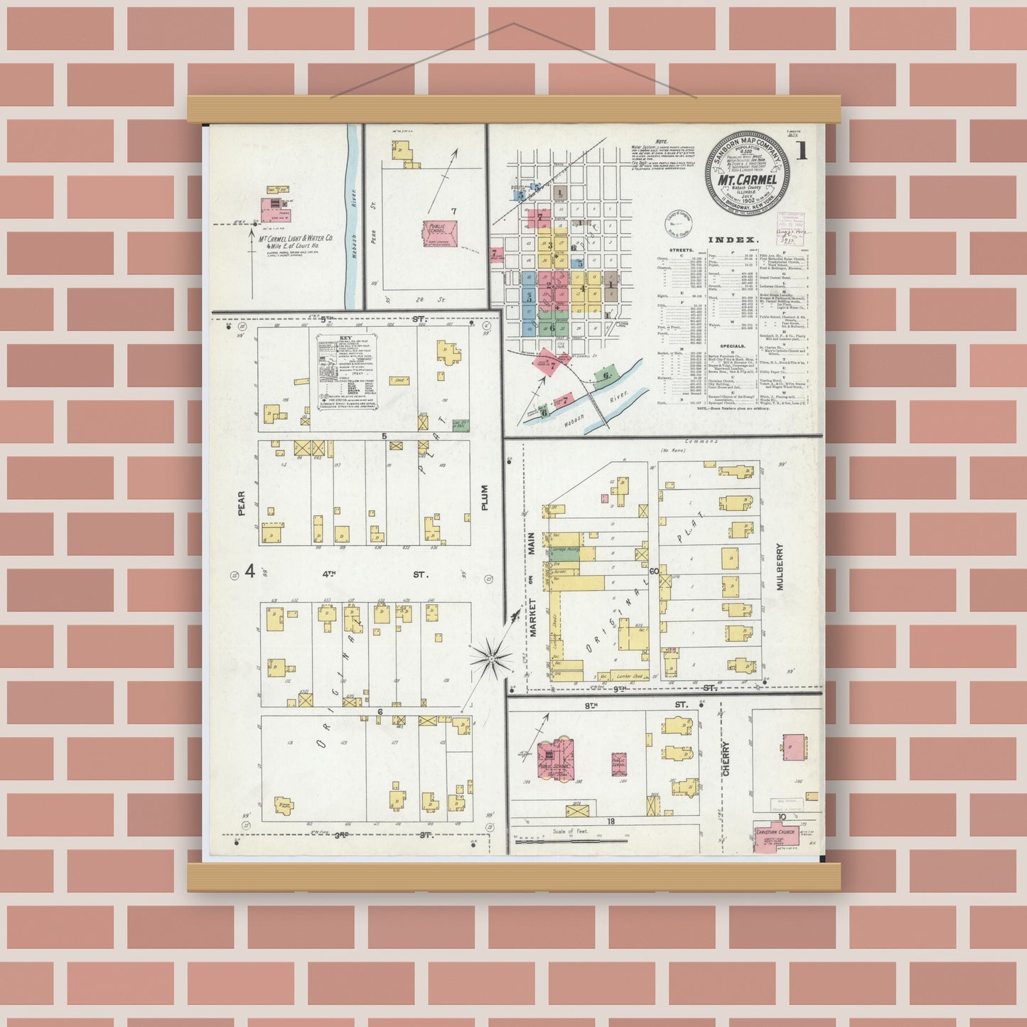 Old map wall art mockup — magnetic wood frame on brick wall — Sanborn Fire Insurance Map from Mount Carmel, Wabash County, Illinois (1902) - Complete Map Set