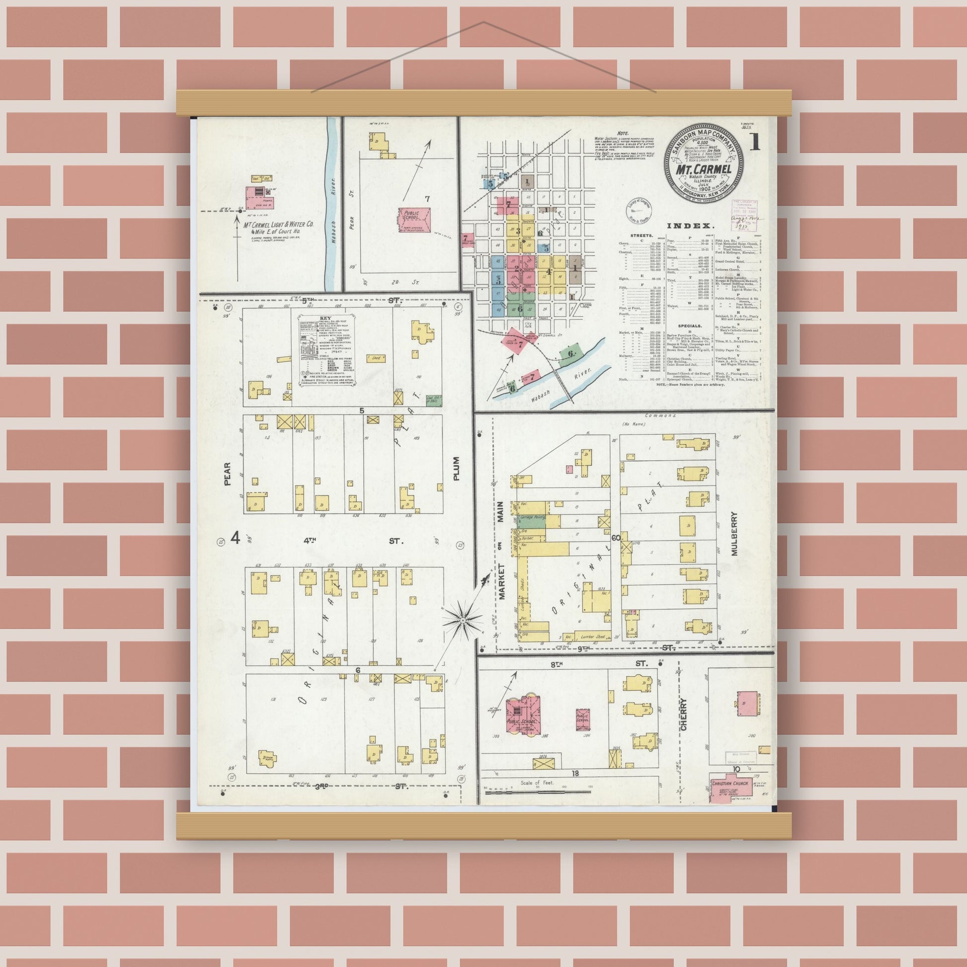 Old map wall art mockup — magnetic wood frame on brick wall — Sanborn Fire Insurance Map from Mount Carmel, Wabash County, Illinois (1902) - Complete Map Set
