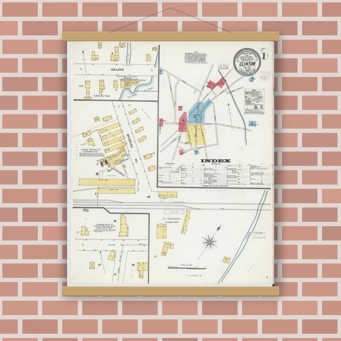 Old map wall art mockup — magnetic wood frame on brick wall — Sanborn Fire Insurance Map from Clinton, Oneida County, New York (1904), Sheet #0001