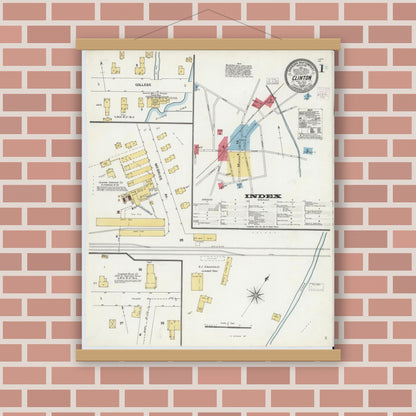 Old map wall art mockup — magnetic wood frame on brick wall — Sanborn Fire Insurance Map from Clinton, Oneida County, New York (1904), Sheet #0001