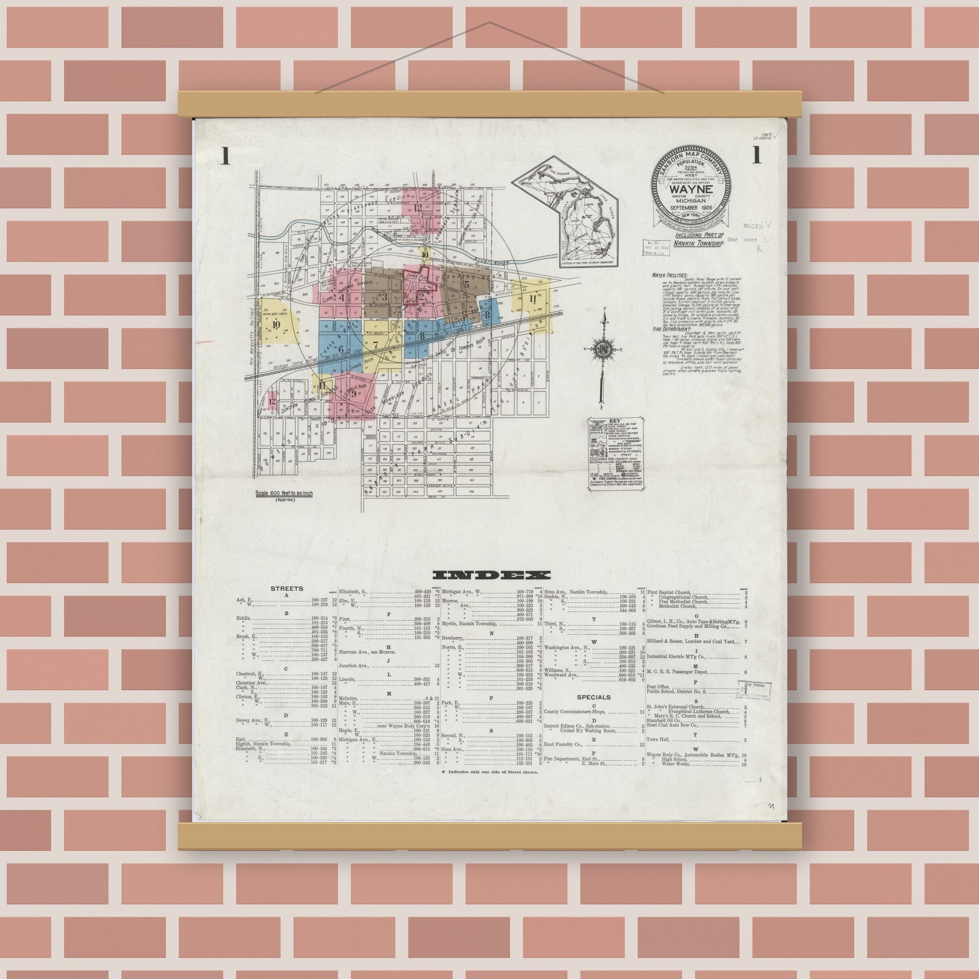 Old map wall art mockup — magnetic wood frame on brick wall — Sanborn Fire Insurance Map from Wayne, Wayne County, Michigan (1926), Sheet #0001