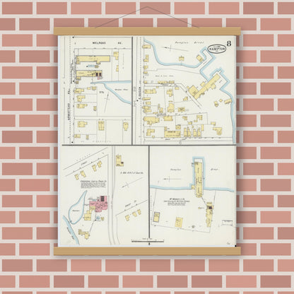 Old map wall art mockup — magnetic wood frame on brick wall — Sanborn Fire Insurance Map from Hampton, Independent Cities, Virginia (1895), Sheet #0008