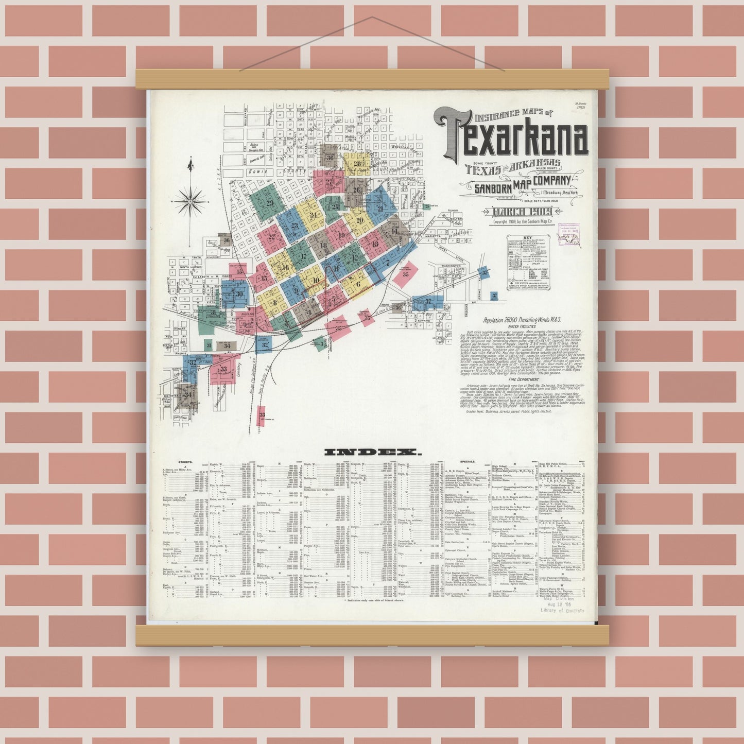 Old map wall art mockup — magnetic wood frame on brick wall — Sanborn Fire Insurance Map from Texarkana, Bowie County, Texas (1909) - Complete Map Set