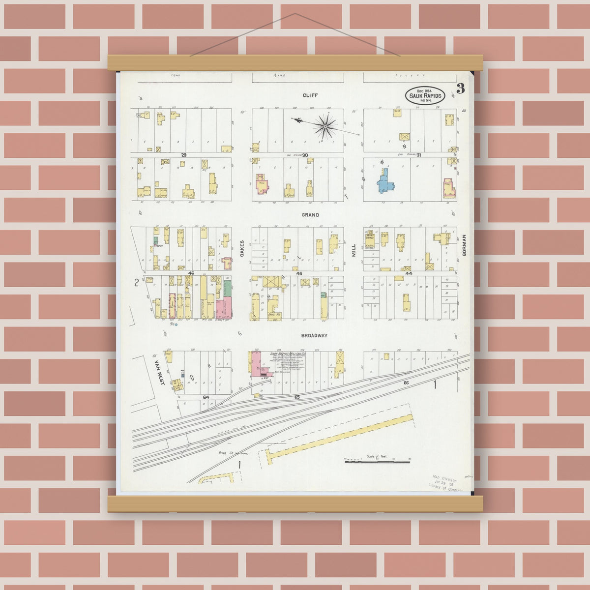 Old map wall art mockup — magnetic wood frame on brick wall — Sanborn Fire Insurance Map from Sauk Rapids, Benton County, Minnesota (1904), Sheet #0003