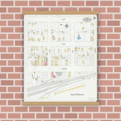 Old map wall art mockup — magnetic wood frame on brick wall — Sanborn Fire Insurance Map from Sauk Rapids, Benton County, Minnesota (1904), Sheet #0003