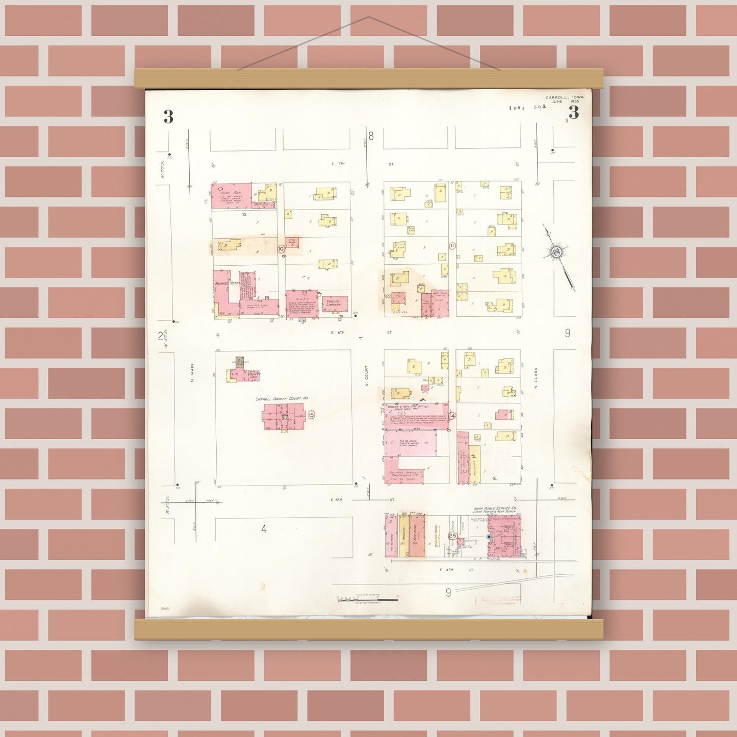 Old map wall art mockup — magnetic wood frame on brick wall — Sanborn Fire Insurance Map from Carroll, Carroll County, Iowa (1948), Sheet #0003