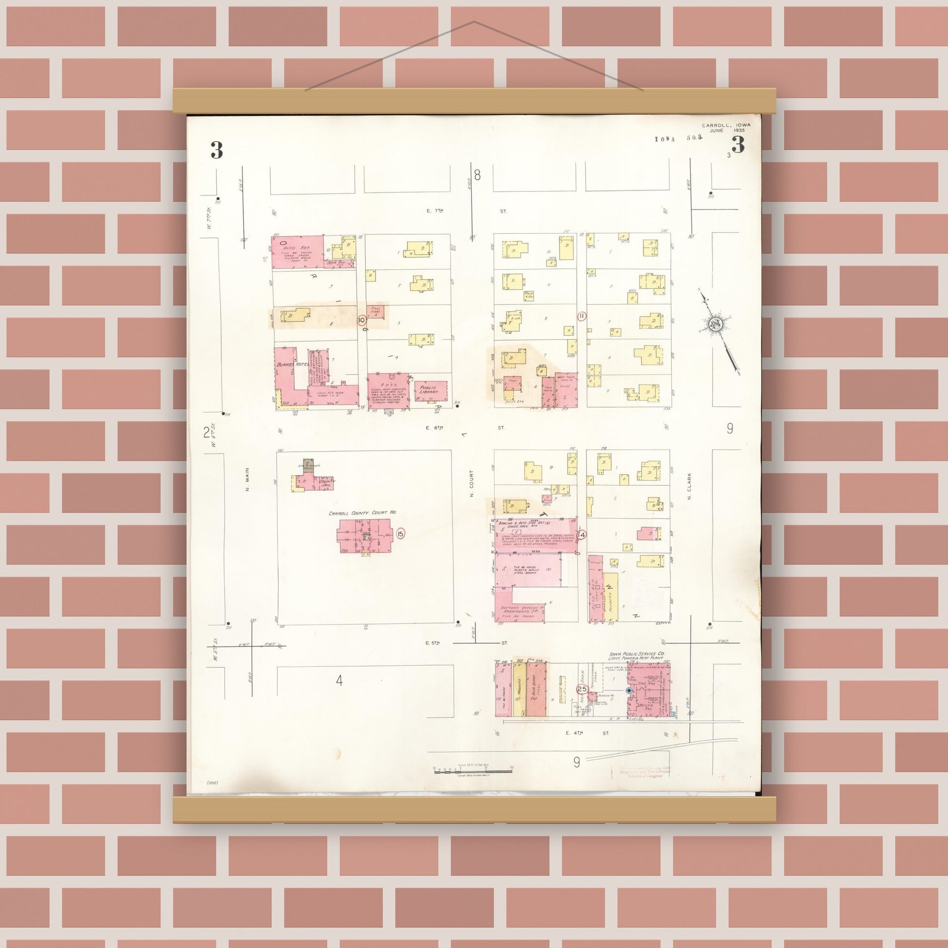 Old map wall art mockup — magnetic wood frame on brick wall — Sanborn Fire Insurance Map from Carroll, Carroll County, Iowa (1948), Sheet #0003