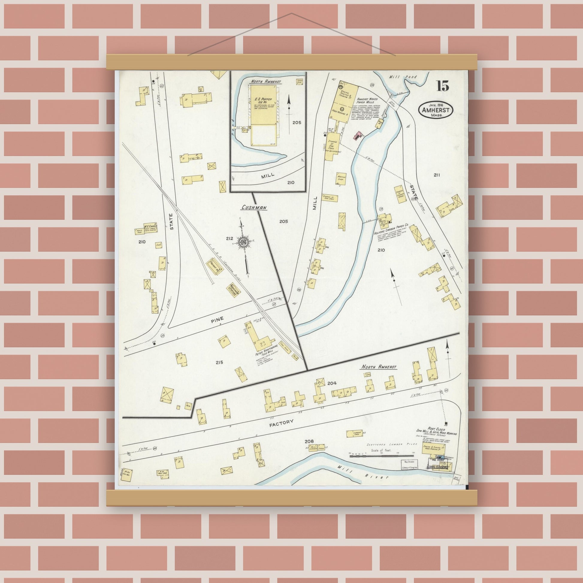 Old map wall art mockup — magnetic wood frame on brick wall — Sanborn Fire Insurance Map from Amherst, Hampshire County, Massachusetts (1916), Sheet #0015