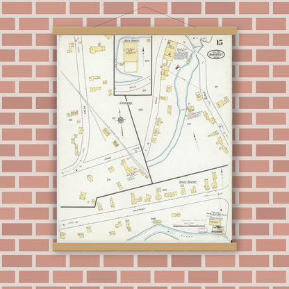 Old map wall art mockup — magnetic wood frame on brick wall — Sanborn Fire Insurance Map from Amherst, Hampshire County, Massachusetts (1916), Sheet #0015