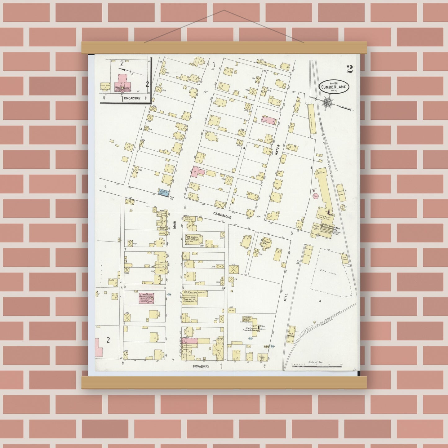 Old map wall art mockup — magnetic wood frame on brick wall — Sanborn Fire Insurance Map from Cumberland, Guernsey County, Ohio (1911), Sheet #0002