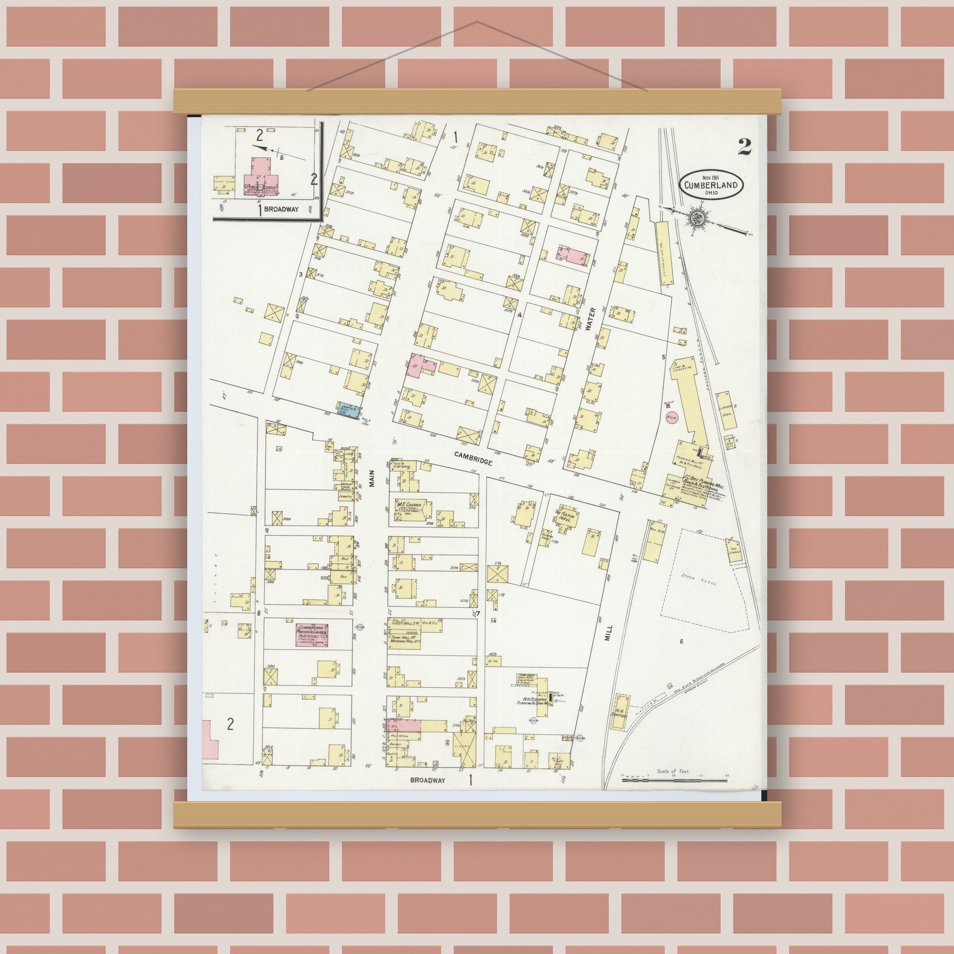 Old map wall art mockup — magnetic wood frame on brick wall — Sanborn Fire Insurance Map from Cumberland, Guernsey County, Ohio (1911), Sheet #0002