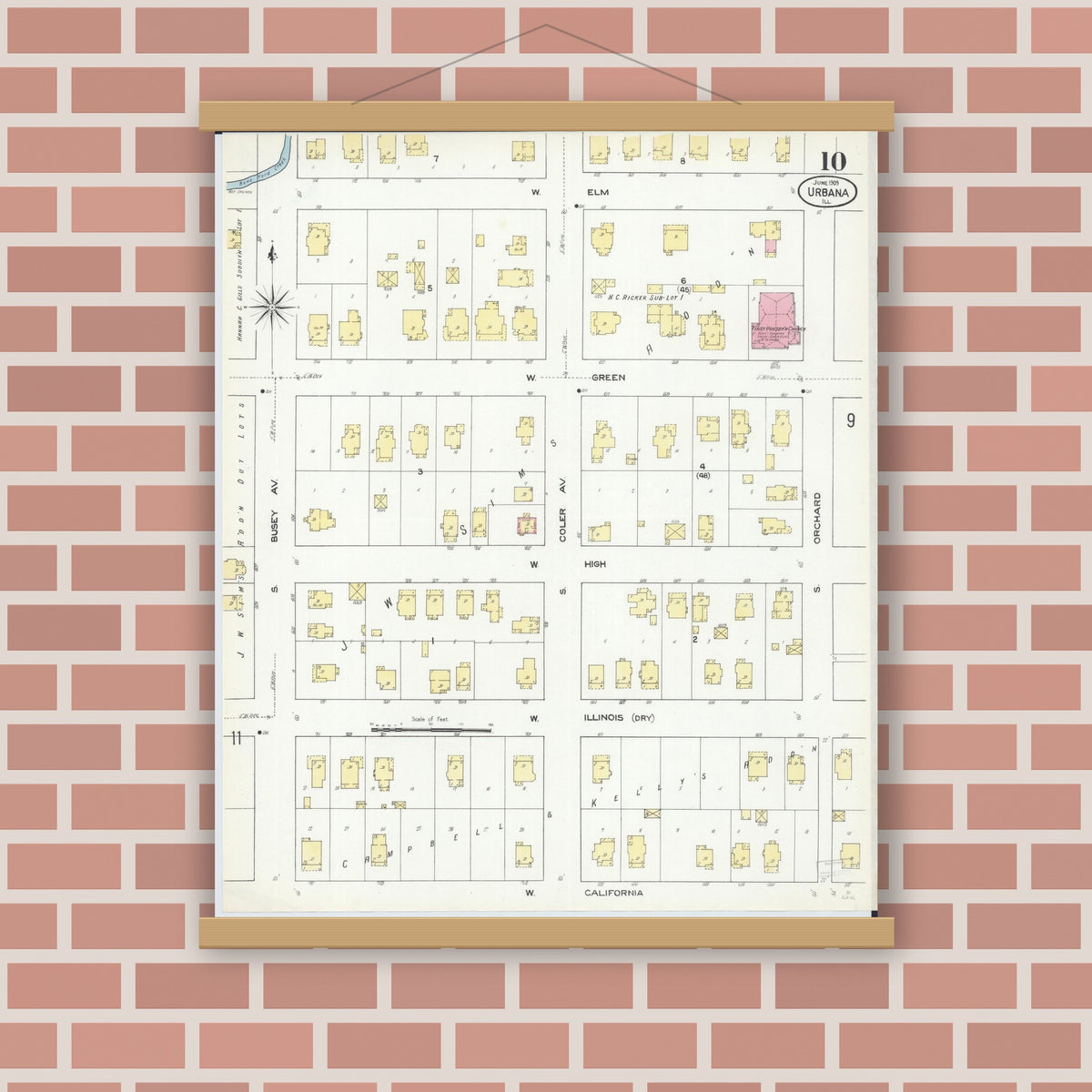 Old map wall art mockup — magnetic wood frame on brick wall — Sanborn Fire Insurance Map from Urbana, Champaign County, Illinois (1909), Sheet #0010