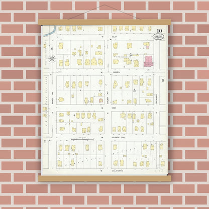 Old map wall art mockup — magnetic wood frame on brick wall — Sanborn Fire Insurance Map from Urbana, Champaign County, Illinois (1909), Sheet #0010
