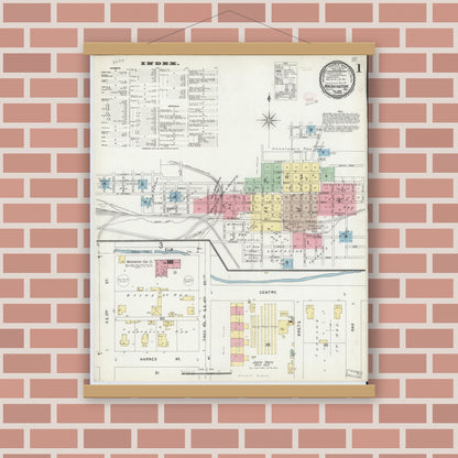 Old map wall art mockup — magnetic wood frame on brick wall — Sanborn Fire Insurance Map from Washington, Daviess County, Indiana (1896), Sheet #0001