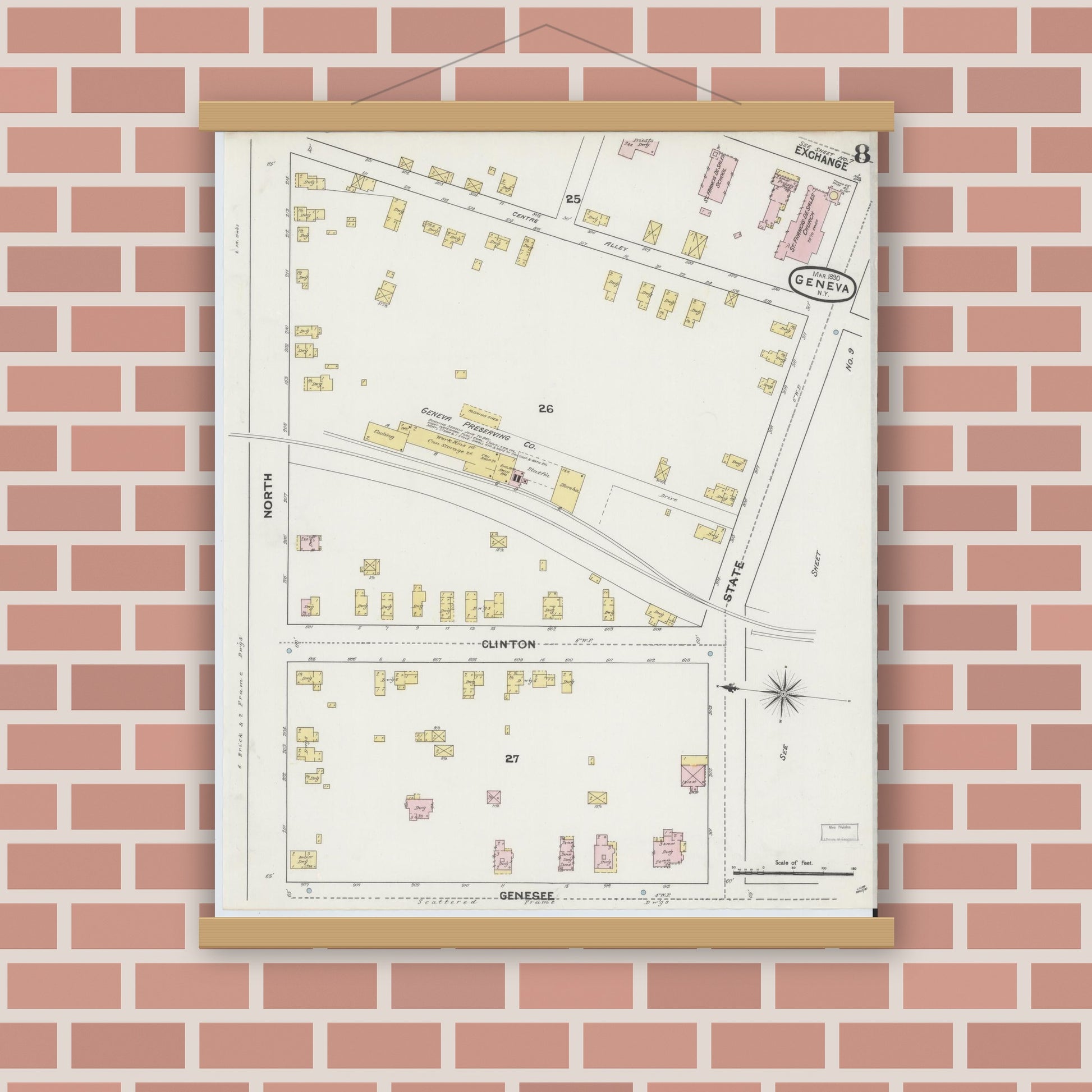 Old map wall art mockup — magnetic wood frame on brick wall — Sanborn Fire Insurance Map from Geneva, Ontario County, New York (1890), Sheet #0008