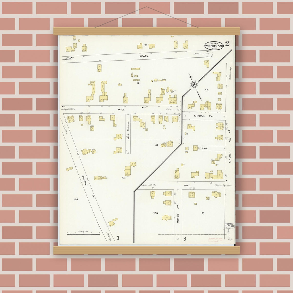 Old map wall art mockup — magnetic wood frame on brick wall — Sanborn Fire Insurance Map from Winchendon, Worcester County, Massachusetts (1909), Sheet #0002