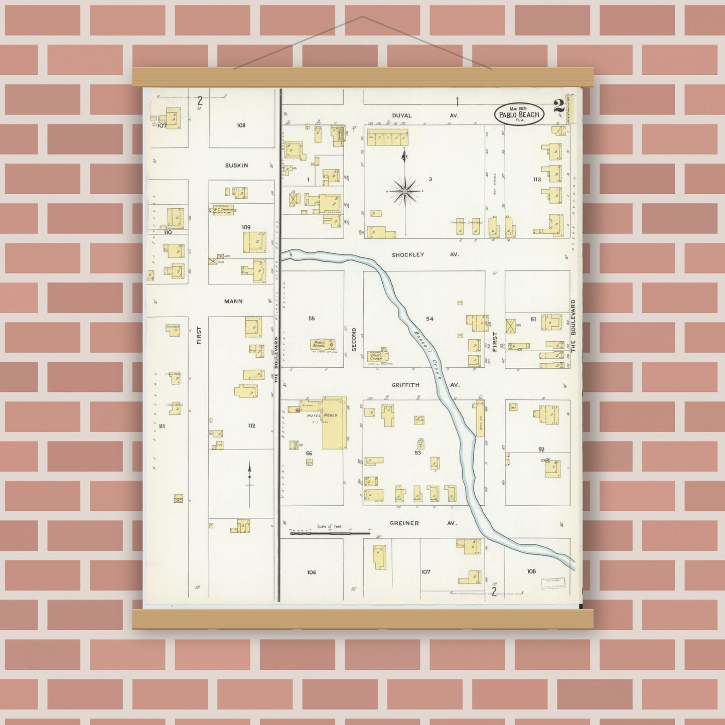 Old map wall art mockup — magnetic wood frame on brick wall — Sanborn Fire Insurance Map from Pablo Beach, Duval County, Florida (1909), Sheet #0002