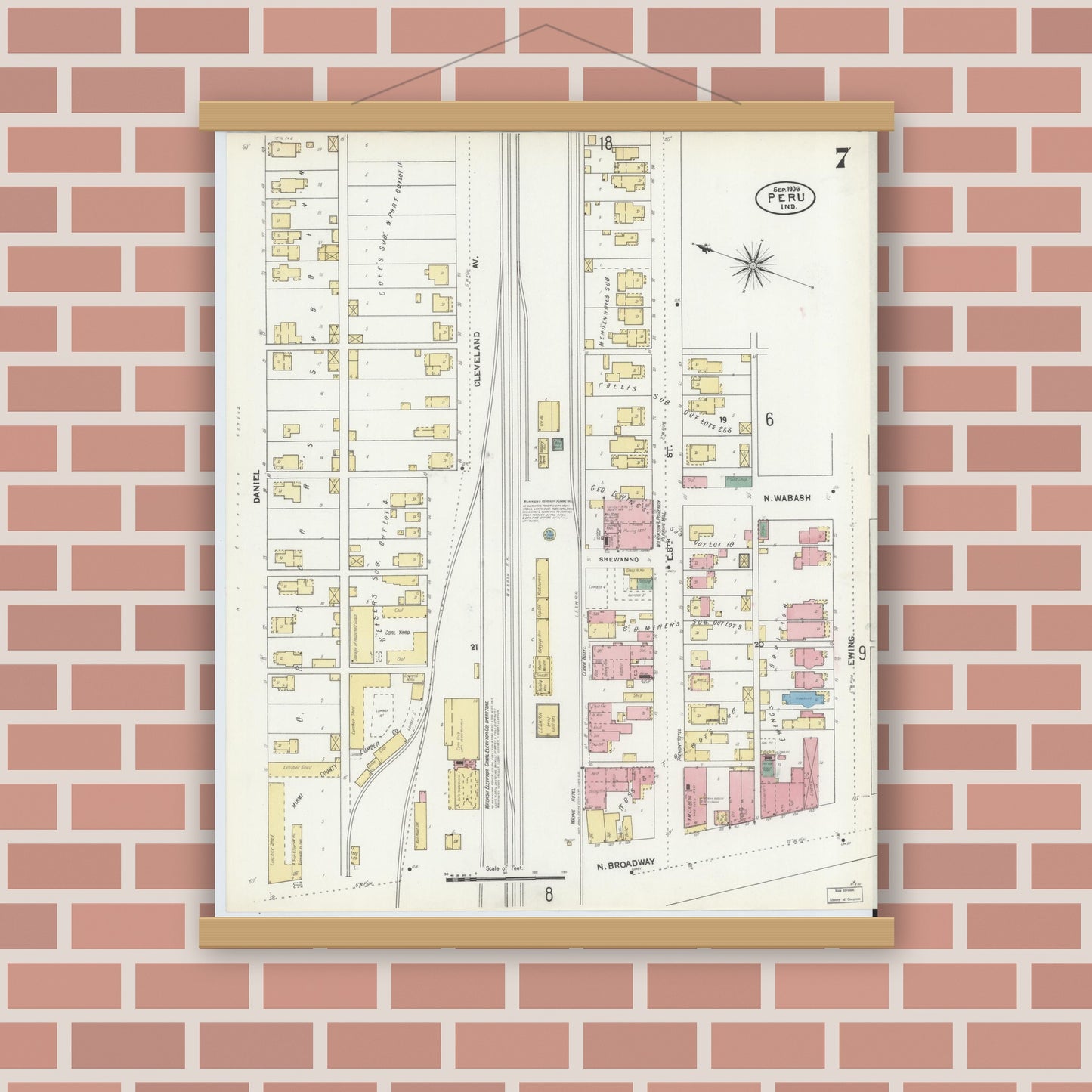 Old map wall art mockup — magnetic wood frame on brick wall — Sanborn Fire Insurance Map from Peru, Miami County, Indiana (1906), Sheet #0007