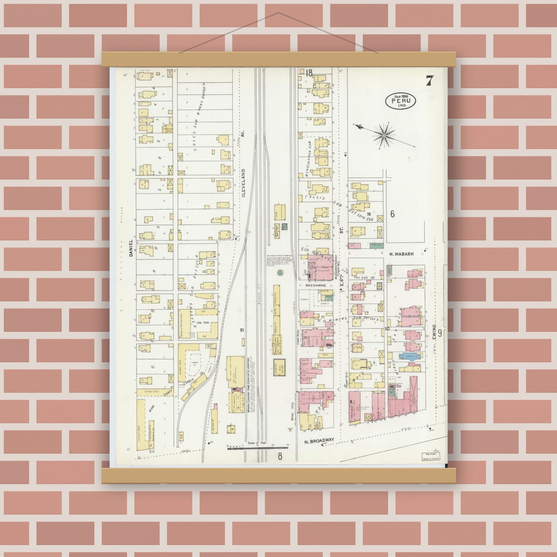 Old map wall art mockup — magnetic wood frame on brick wall — Sanborn Fire Insurance Map from Peru, Miami County, Indiana (1906), Sheet #0007