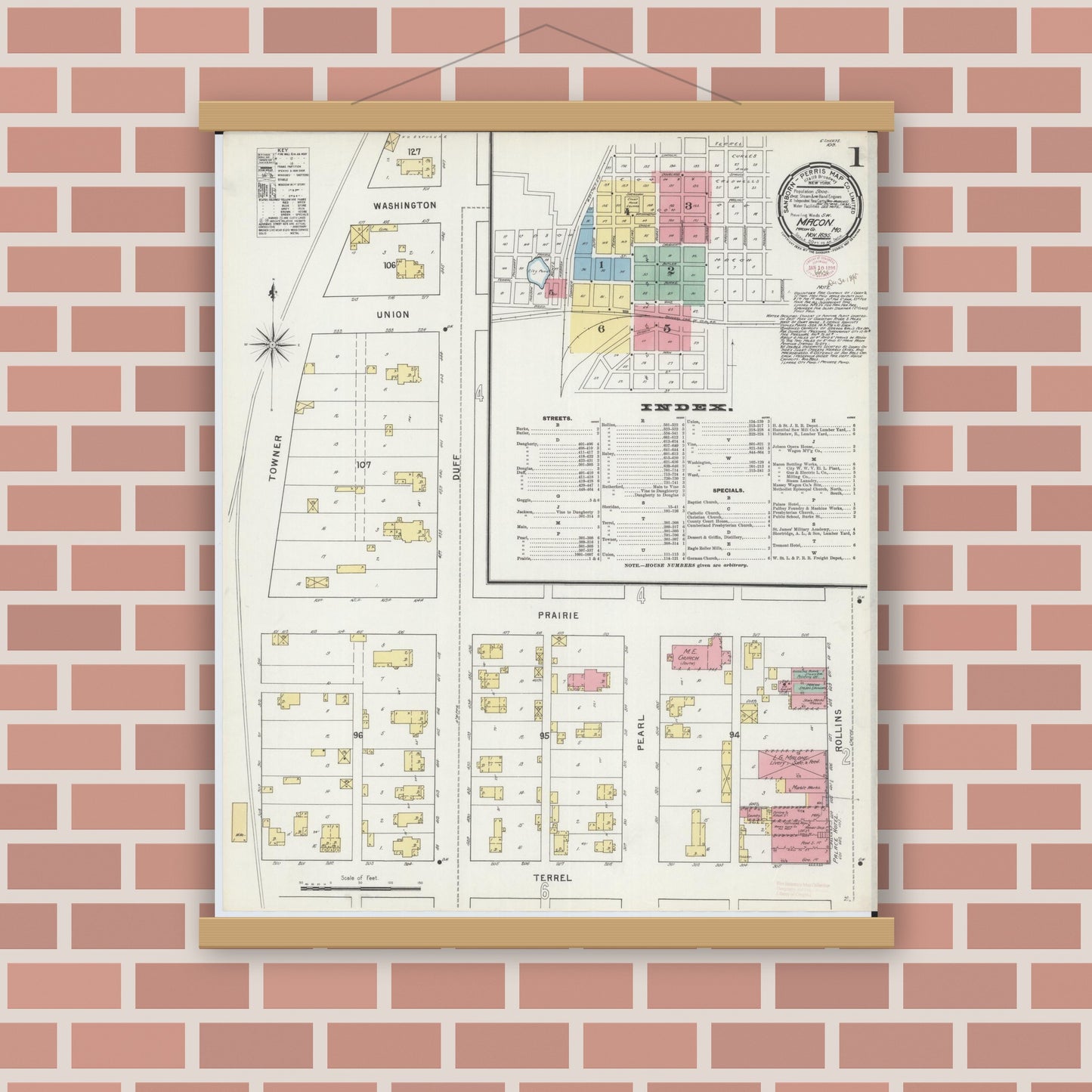 Old map wall art mockup — magnetic wood frame on brick wall — Sanborn Fire Insurance Map from Macon, Macon County, Missouri (1895), Sheet #0001