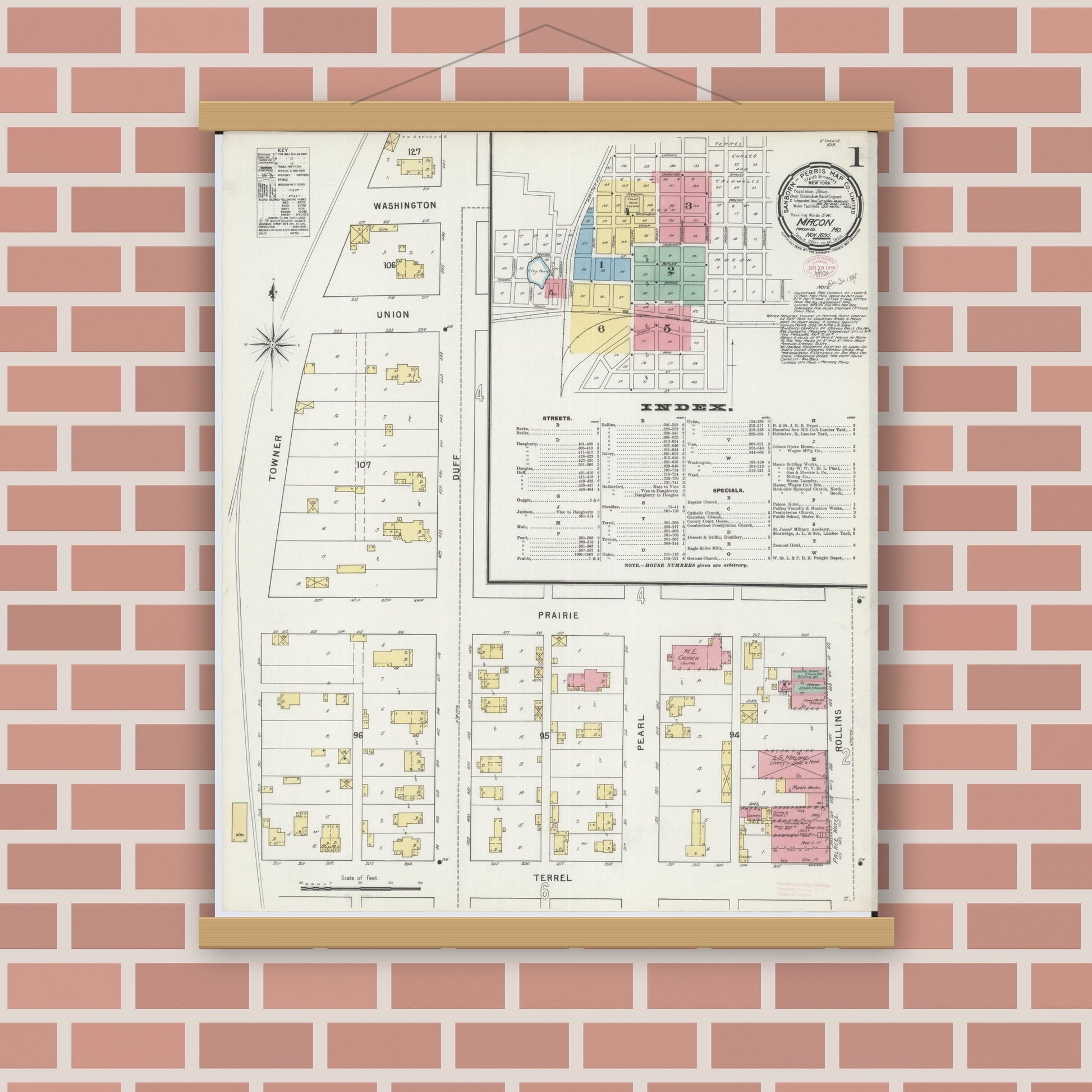 Old map wall art mockup — magnetic wood frame on brick wall — Sanborn Fire Insurance Map from Macon, Macon County, Missouri (1895), Sheet #0001