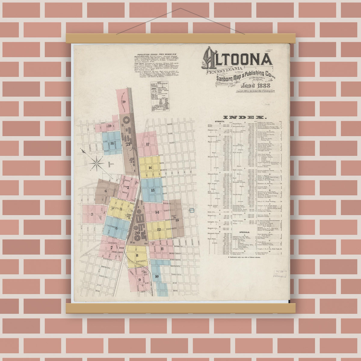Old map wall art mockup — magnetic wood frame on brick wall — Sanborn Fire Insurance Map from Altoona, Blair County, Pennsylvania (1888) - Complete Map Set