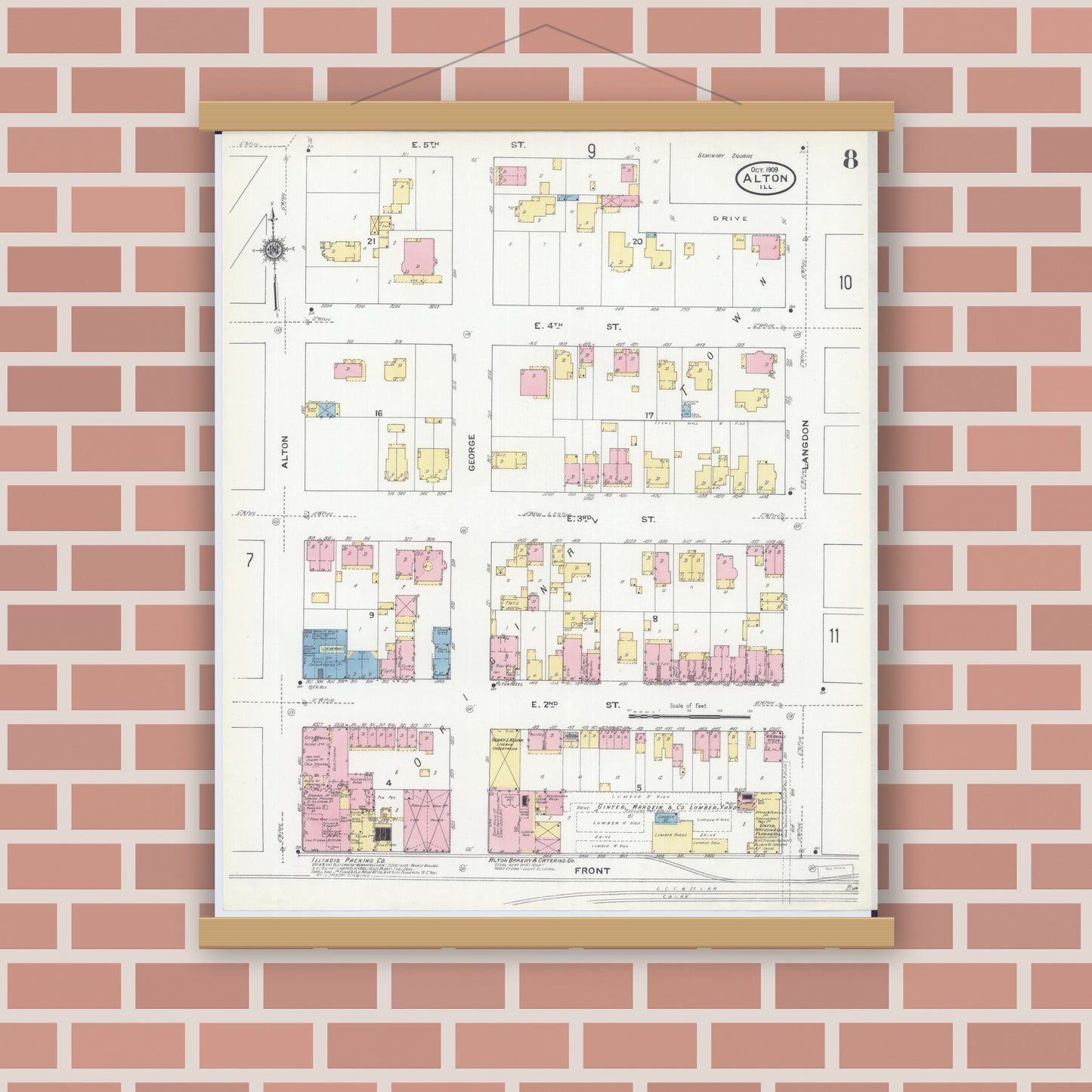 Old map wall art mockup — magnetic wood frame on brick wall — Sanborn Fire Insurance Map from Alton, Madison County, Illinois (1909), Sheet #0008