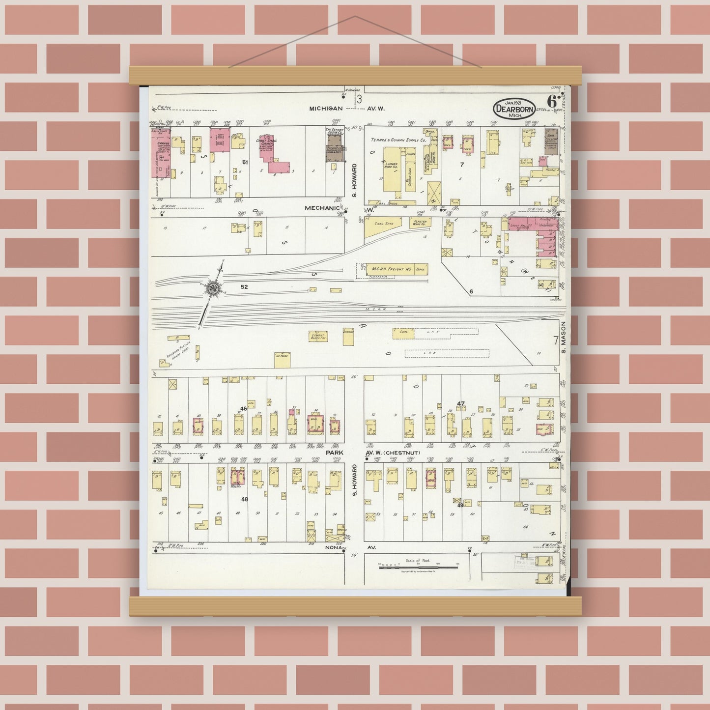 Old map wall art mockup — magnetic wood frame on brick wall — Sanborn Fire Insurance Map from Dearborn, Wayne County, Michigan (1921), Sheet #0006
