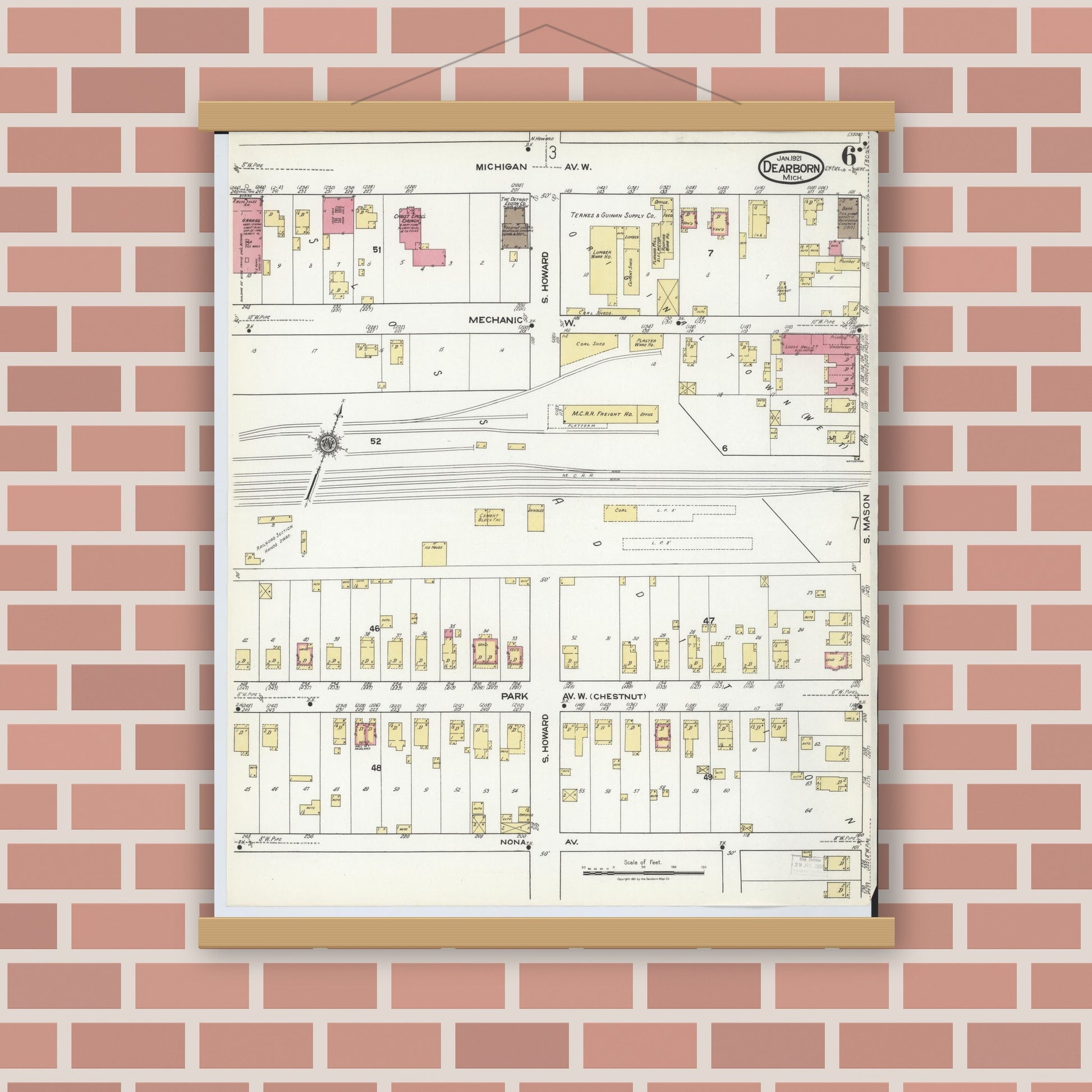 Old map wall art mockup — magnetic wood frame on brick wall — Sanborn Fire Insurance Map from Dearborn, Wayne County, Michigan (1921), Sheet #0006