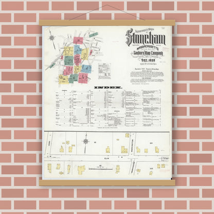 Old map wall art mockup — magnetic wood frame on brick wall — Sanborn Fire Insurance Map from Stoneham, Middlesex County, Massachusetts (1909) - Complete Map Set