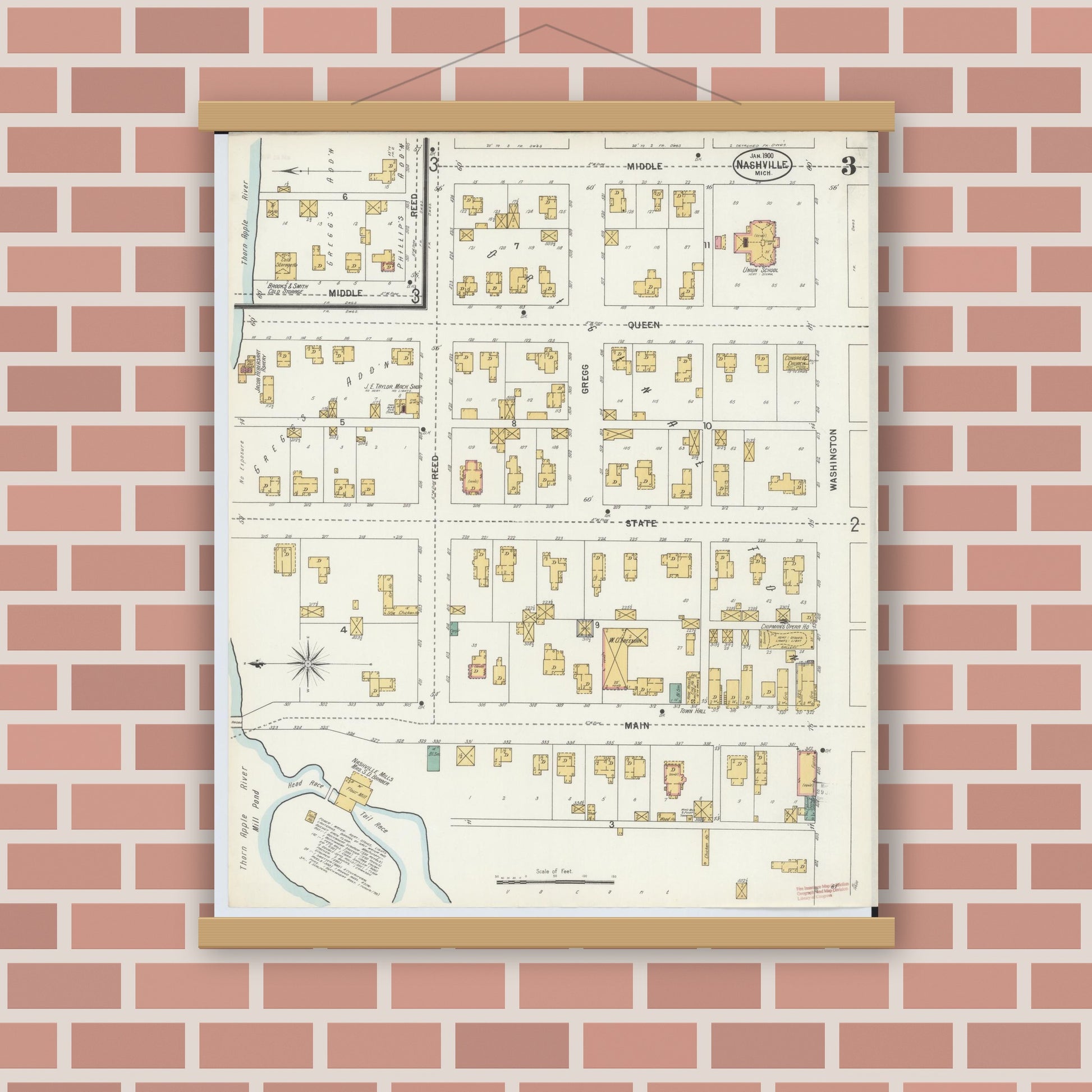 Old map wall art mockup — magnetic wood frame on brick wall — Sanborn Fire Insurance Map from Nashville, Barry County, Michigan (1900), Sheet #0003