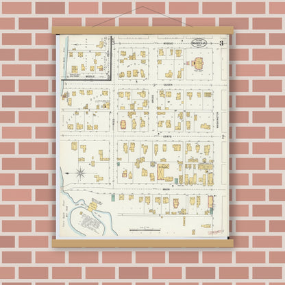 Old map wall art mockup — magnetic wood frame on brick wall — Sanborn Fire Insurance Map from Nashville, Barry County, Michigan (1900), Sheet #0003