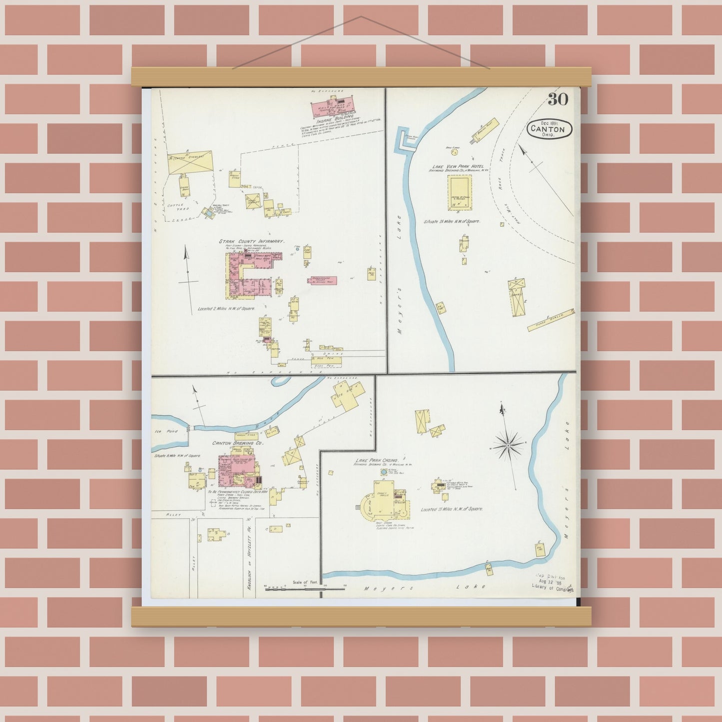 Old map wall art mockup — magnetic wood frame on brick wall — Sanborn Fire Insurance Map from Canton, Stark County, Ohio (1891), Sheet #0030
