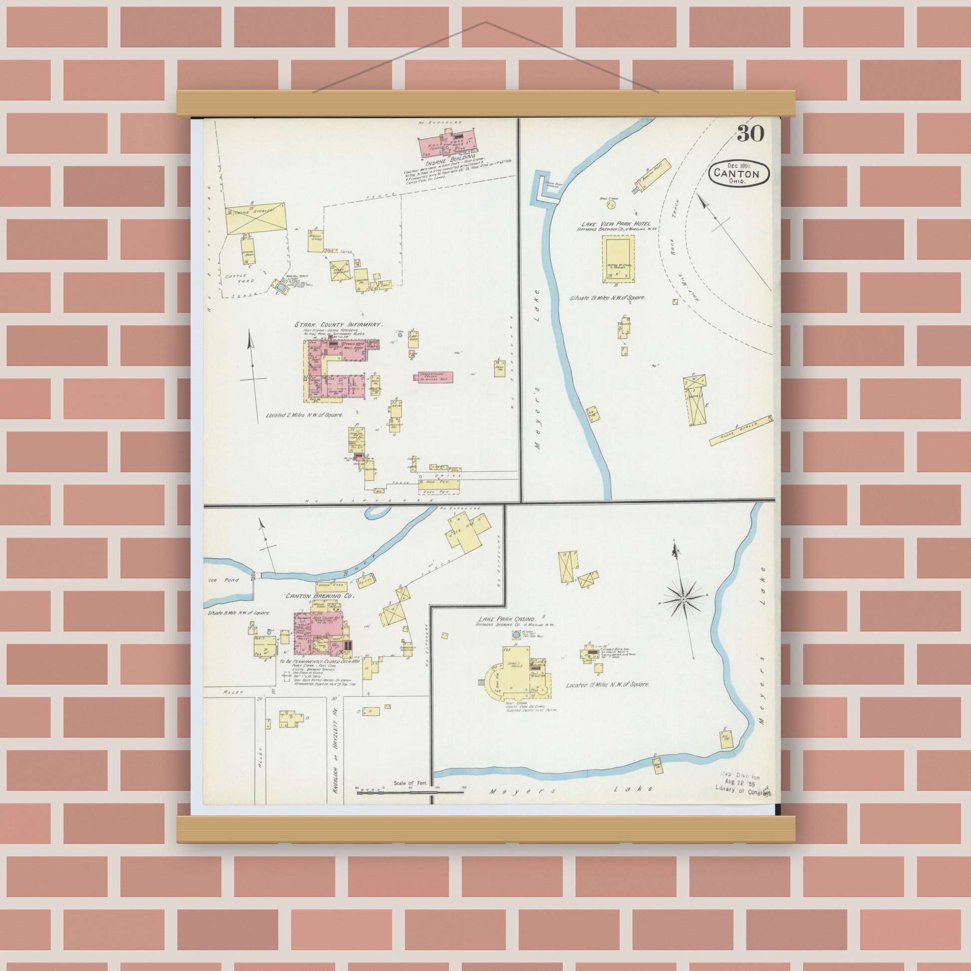 Old map wall art mockup — magnetic wood frame on brick wall — Sanborn Fire Insurance Map from Canton, Stark County, Ohio (1891), Sheet #0030