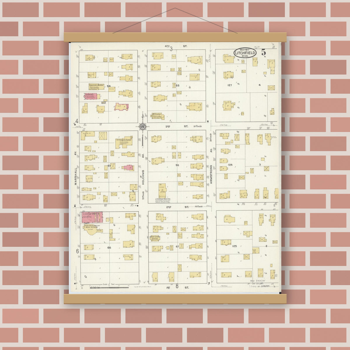 Old map wall art mockup — magnetic wood frame on brick wall — Sanborn Fire Insurance Map from Litchfield, Meeker County, Minnesota (1917), Sheet #0005