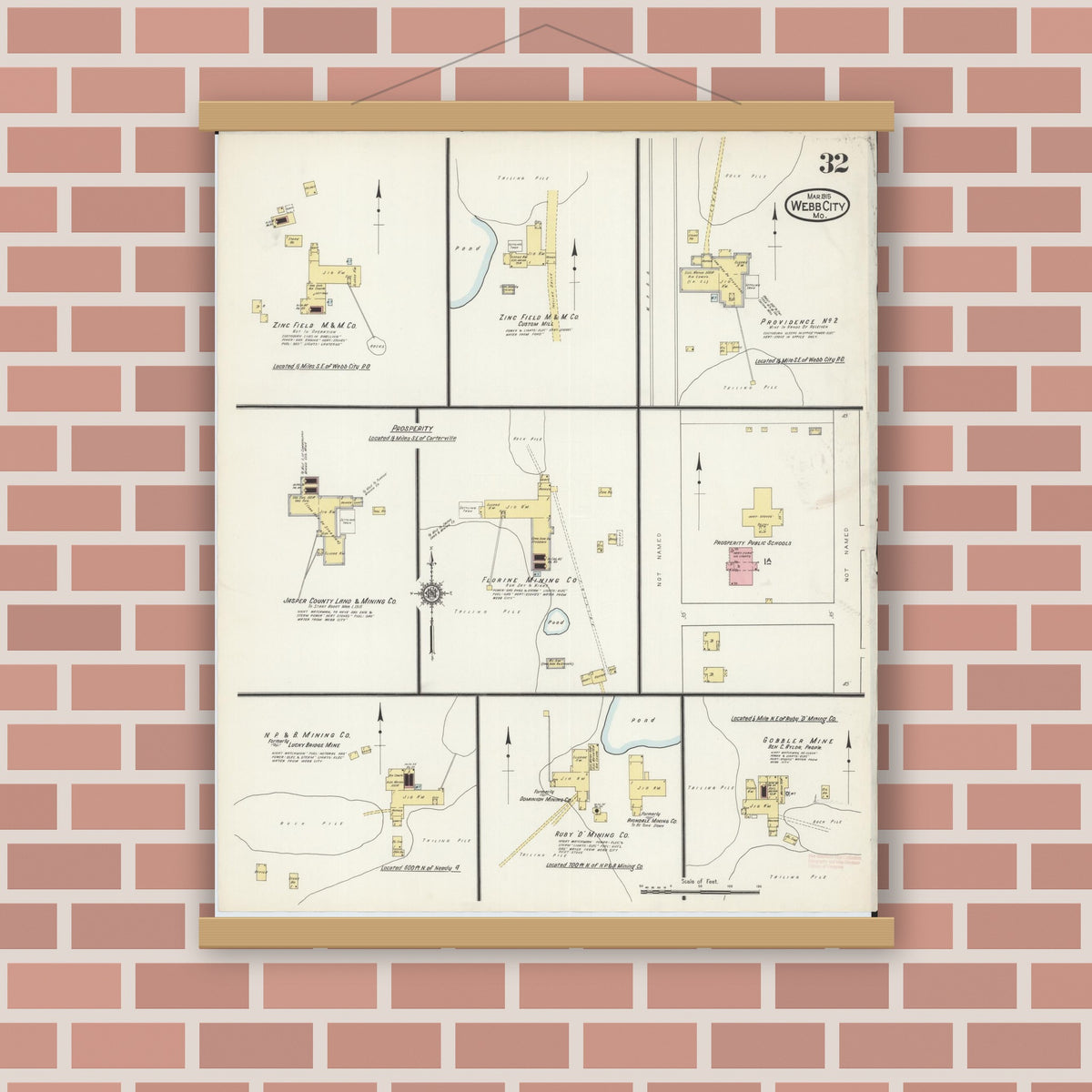 Old map wall art mockup — magnetic wood frame on brick wall — Sanborn Fire Insurance Map from Webb City, Jasper County, Missouri (1915), Sheet #0032