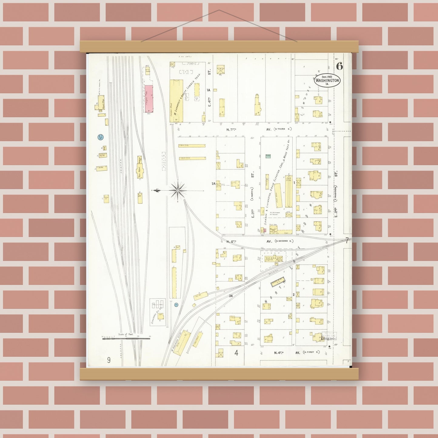 Old map wall art mockup — magnetic wood frame on brick wall — Sanborn Fire Insurance Map from Washington, Washington County, Iowa (1902), Sheet #0006